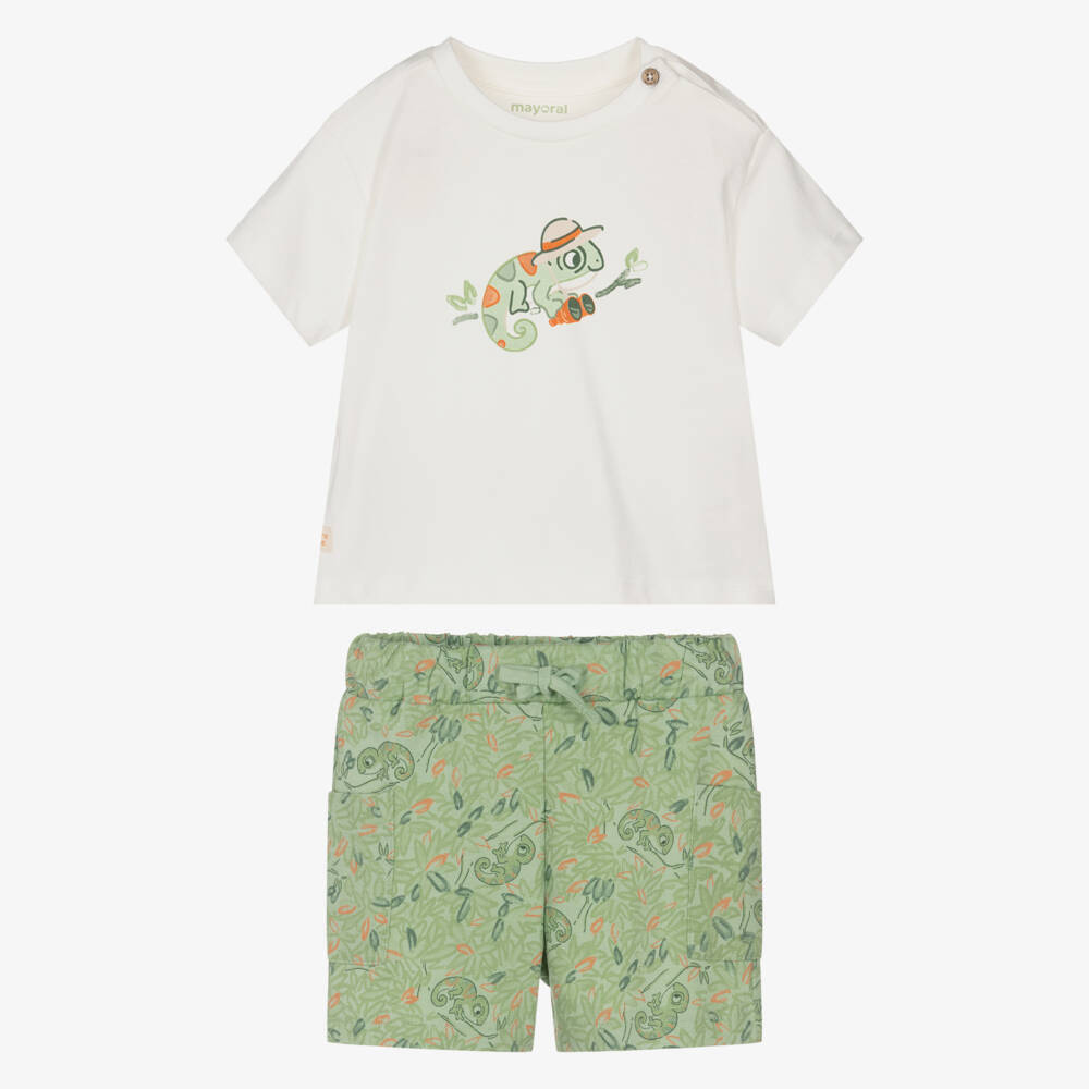 Mayoral-Boys White & Green Cotton Shorts Set with Chameleon Print | Childrensalon