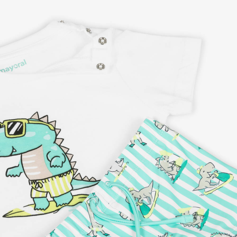 Mayoral-Boys White & Green Dinosaur Swim Set | Childrensalon