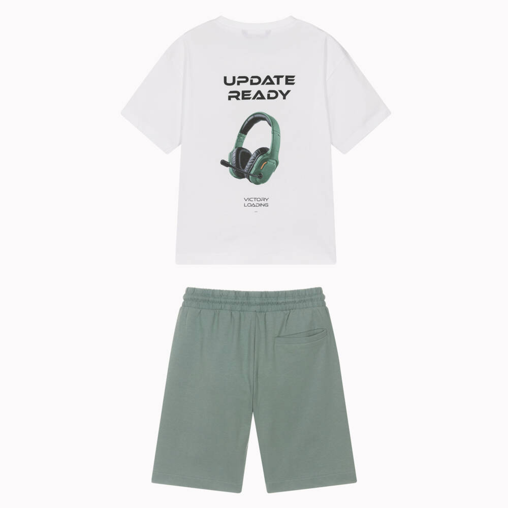 Mayoral Nukutavake-Boys White & Green Gaming Graphic Cotton Shorts Set | Childrensalon