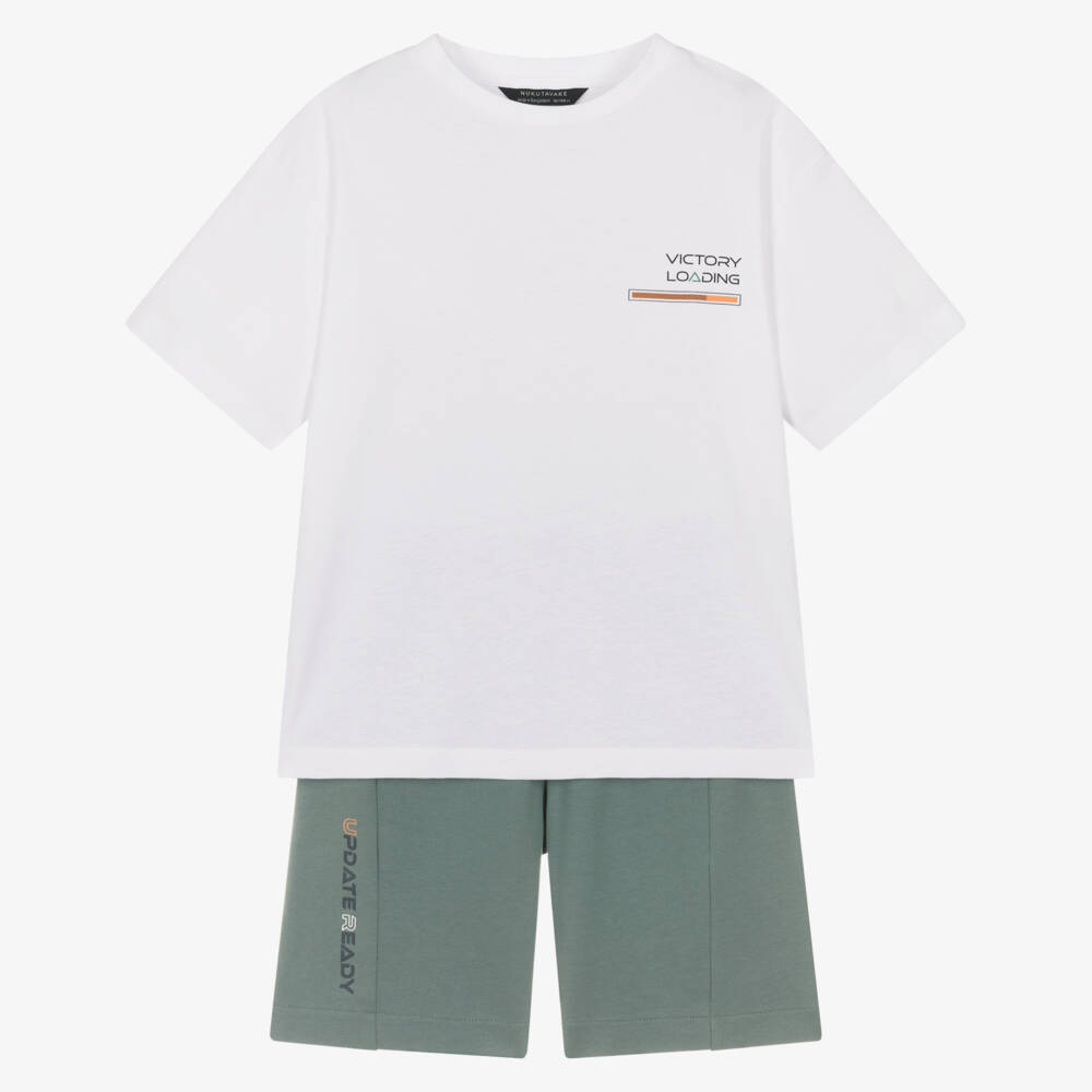 Mayoral Nukutavake-Boys White & Green Gaming Graphic Cotton Shorts Set | Childrensalon