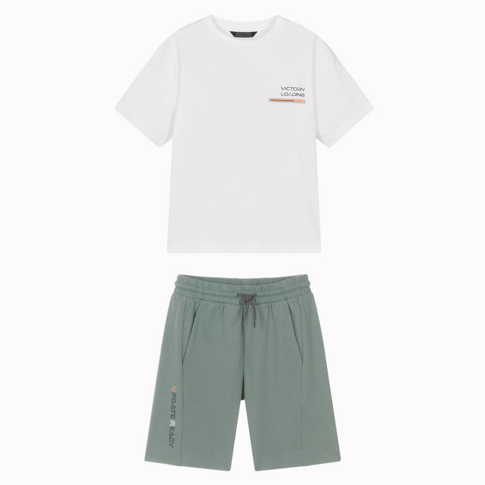 Mayoral Nukutavake-Boys White & Green Gaming Graphic Cotton Shorts Set | Childrensalon