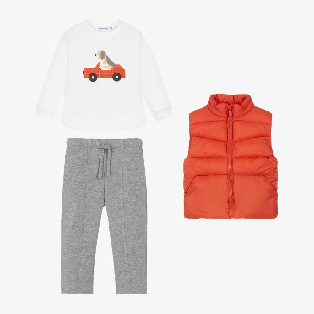 Mayoral-Boys White & Grey Cotton Trouser Set with Orange Gilet | Childrensalon