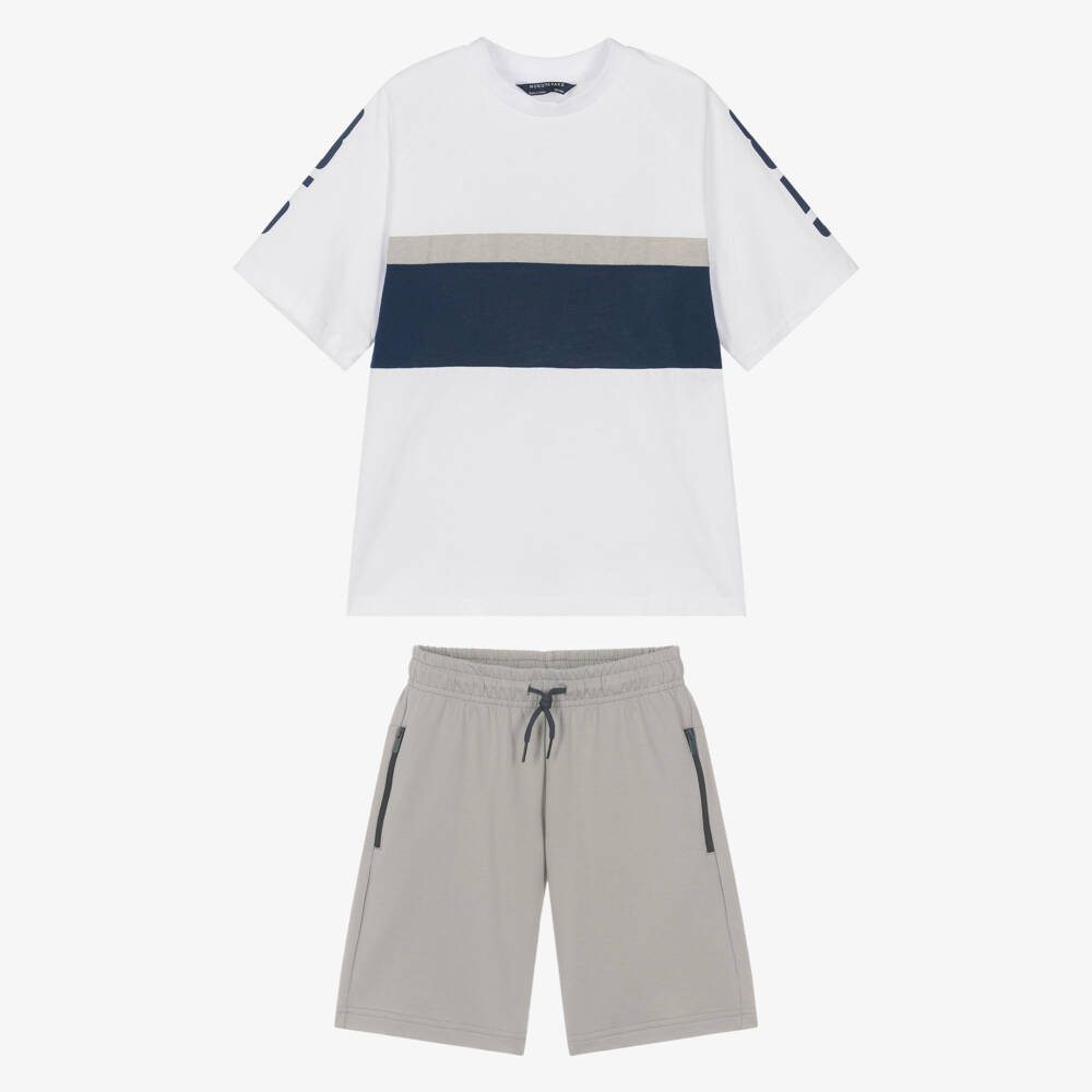 Mayoral Nukutavake-Boys White & Grey Jersey Shorts Set with Zip Pockets | Childrensalon