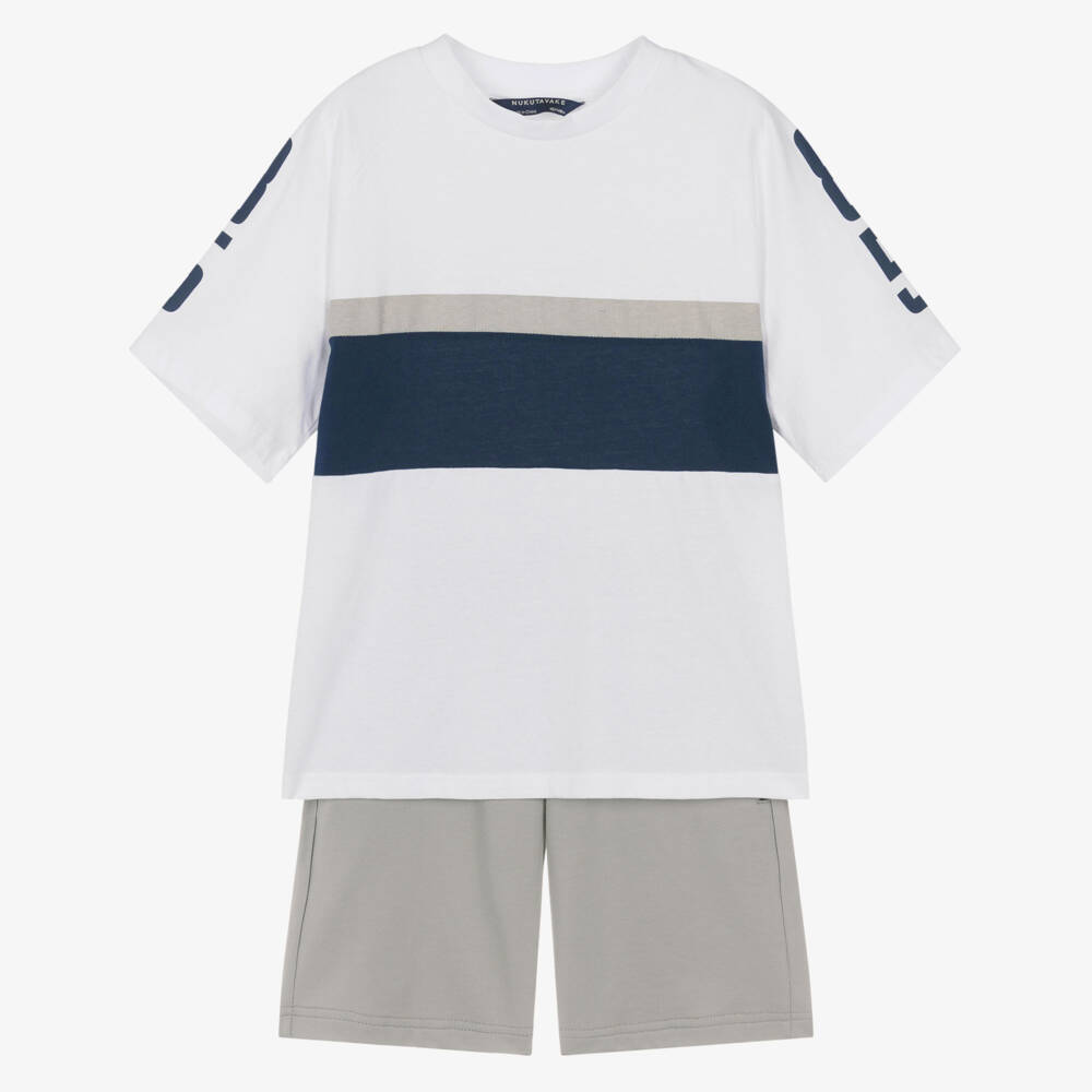 Mayoral Nukutavake-Boys White & Grey Jersey Shorts Set with Zip Pockets | Childrensalon