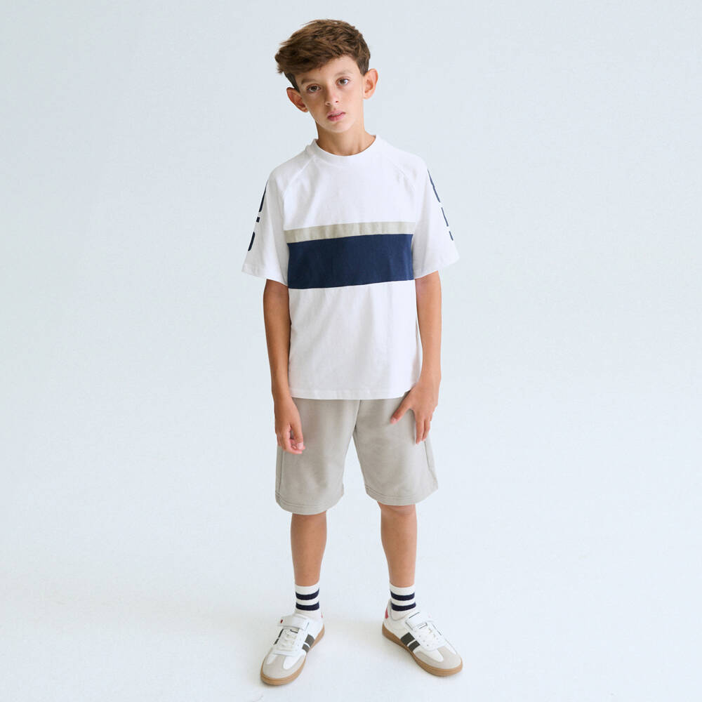 Mayoral Nukutavake-Boys White & Grey Jersey Shorts Set with Zip Pockets | Childrensalon