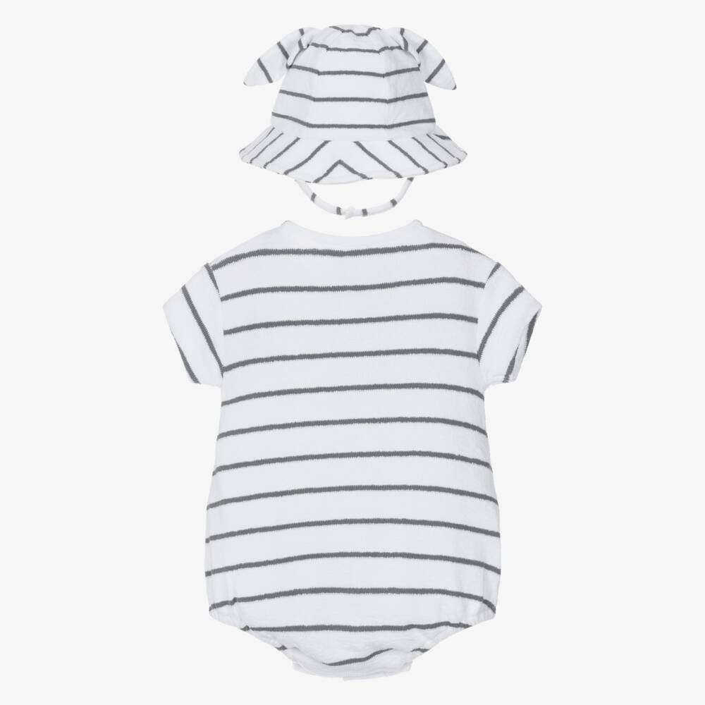 Mayoral Для новорожденных-Boys White & Grey Striped Towelling Babysuit Set | Childrensalon
