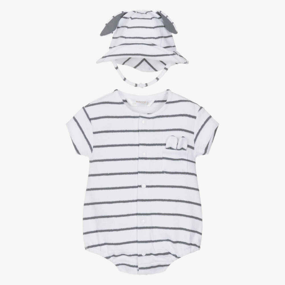 Mayoral Для новорожденных-Boys White & Grey Striped Towelling Babysuit Set | Childrensalon