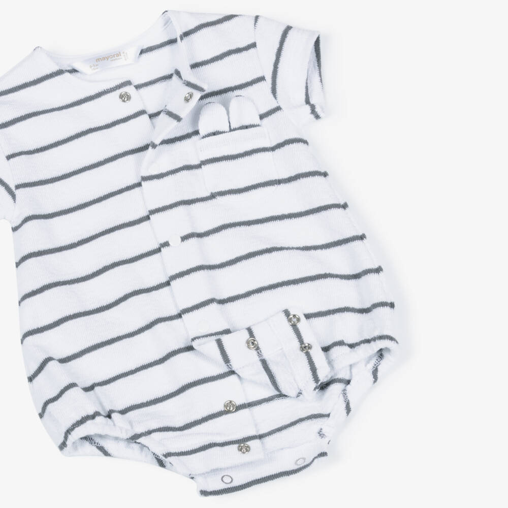Mayoral Для новорожденных-Boys White & Grey Striped Towelling Babysuit Set | Childrensalon