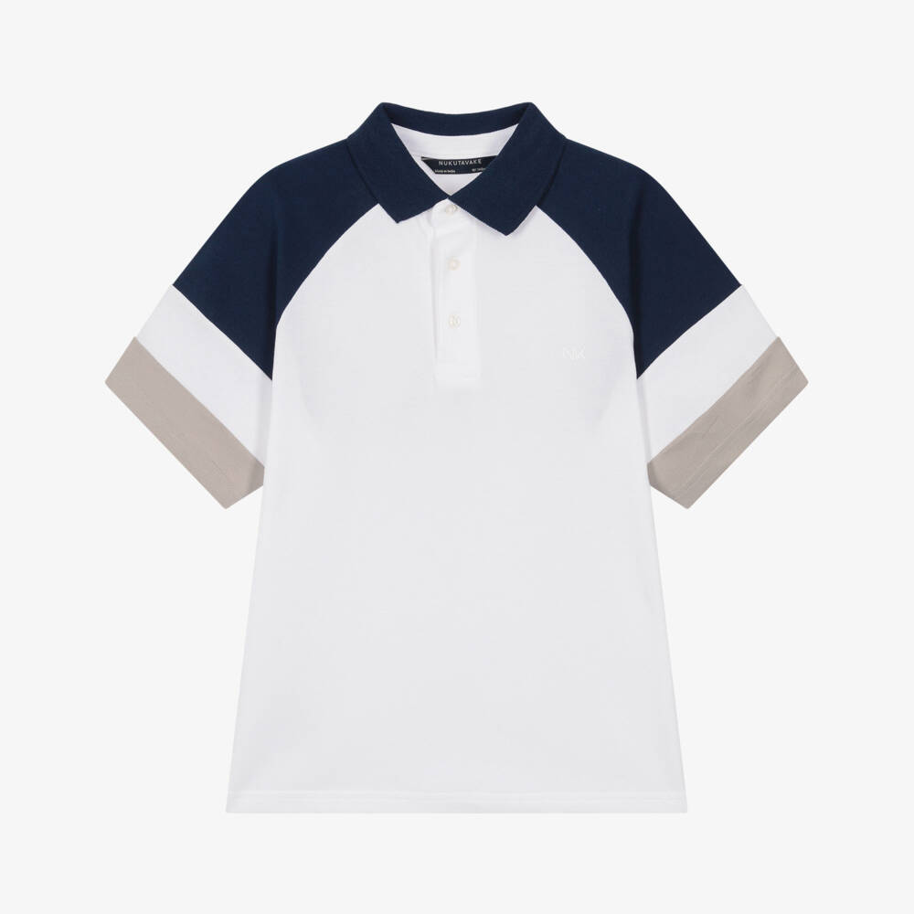 Mayoral Nukutavake-Boys White & Navy Blue Colourblock Cotton Polo Shirt | Childrensalon
