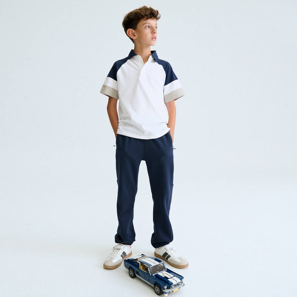 Mayoral Nukutavake-Boys White & Navy Blue Colourblock Cotton Polo Shirt | Childrensalon