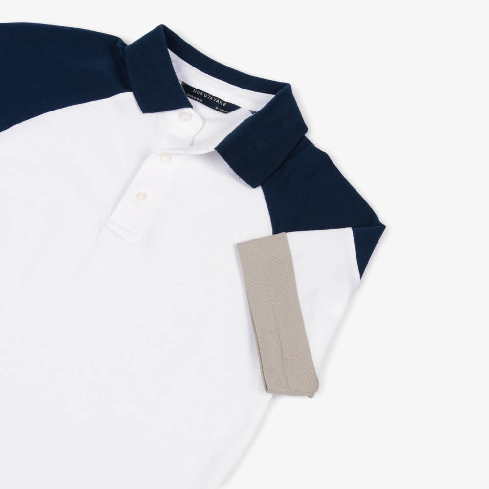 Mayoral Nukutavake-Boys White & Navy Blue Colourblock Cotton Polo Shirt | Childrensalon