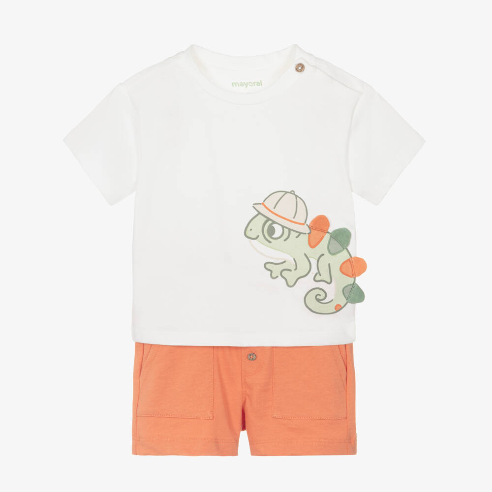 Mayoral-Boys White & Orange Cotton Shorts Set with Chameleon Print | Childrensalon