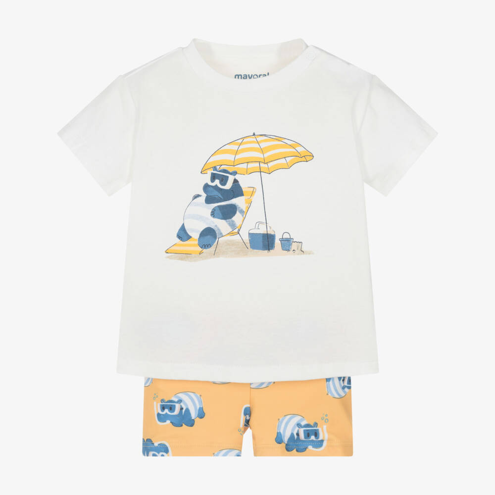 Mayoral-Boys White & Orange Hippo Print Swim Shorts Set | Childrensalon