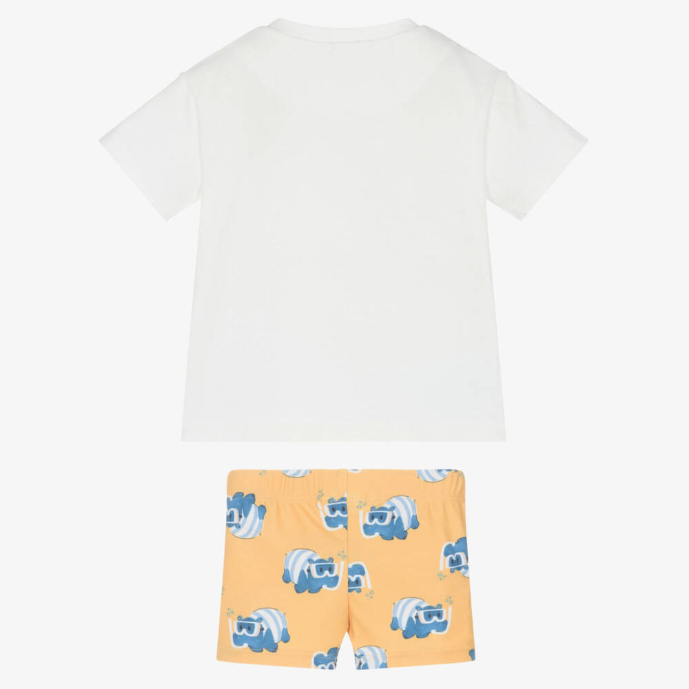 Mayoral-Boys White & Orange Hippo Print Swim Shorts Set | Childrensalon