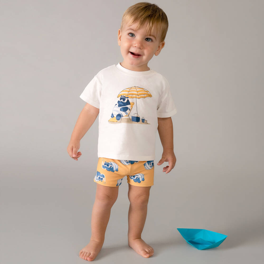 Mayoral-Boys White & Orange Hippo Print Swim Shorts Set | Childrensalon
