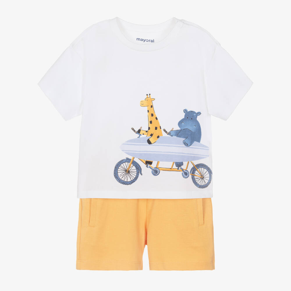 Mayoral-Boys White & Orange Shorts Set with Giraffe & Hippo Print | Childrensalon