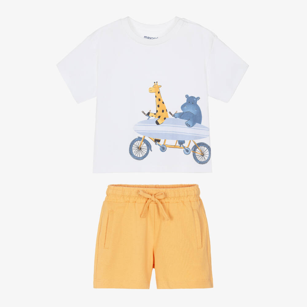 Mayoral-Boys White & Orange Shorts Set with Giraffe & Hippo Print | Childrensalon