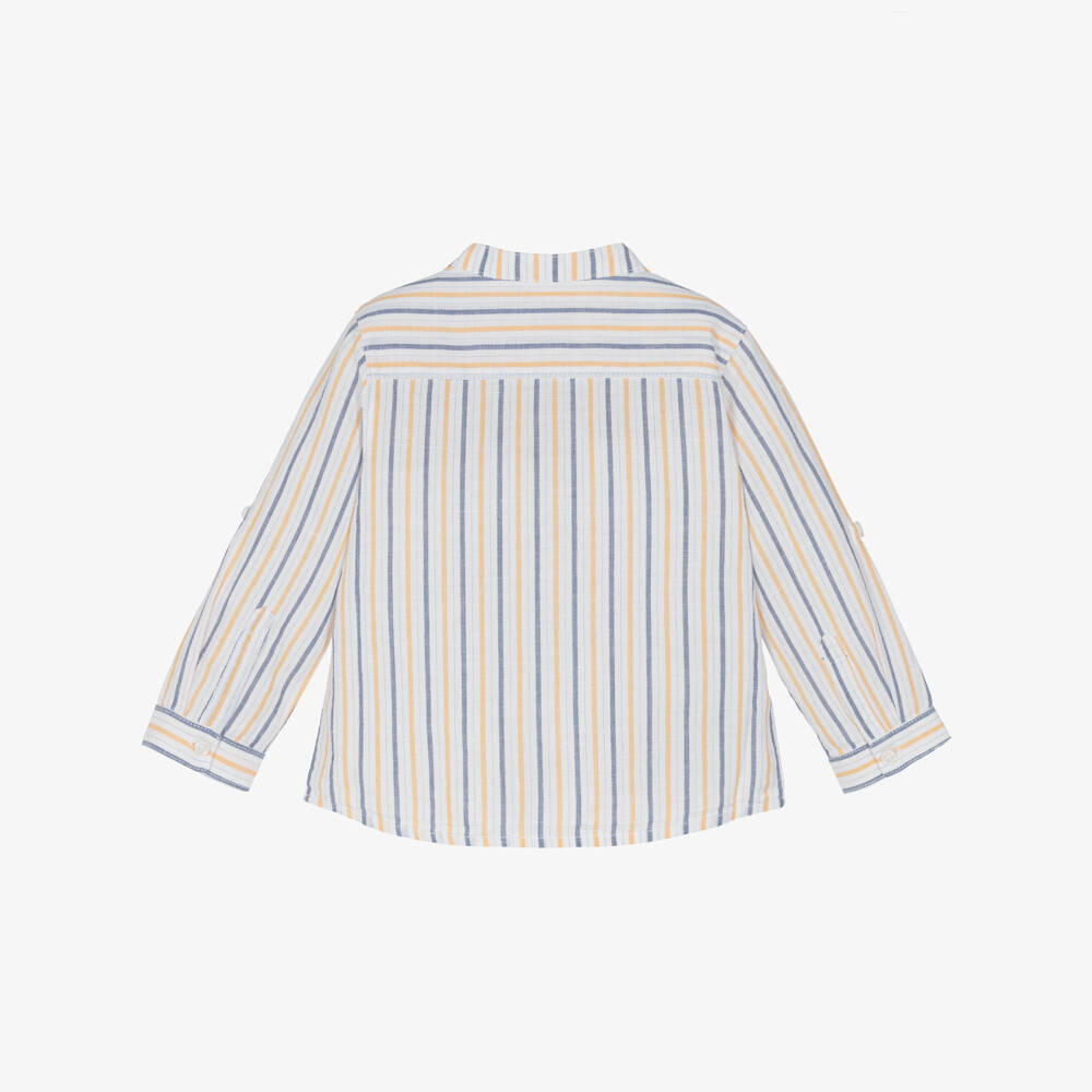 Mayoral-Boys White Striped Collarless Shirt with Roll-Up Sleeves | Childrensalon
