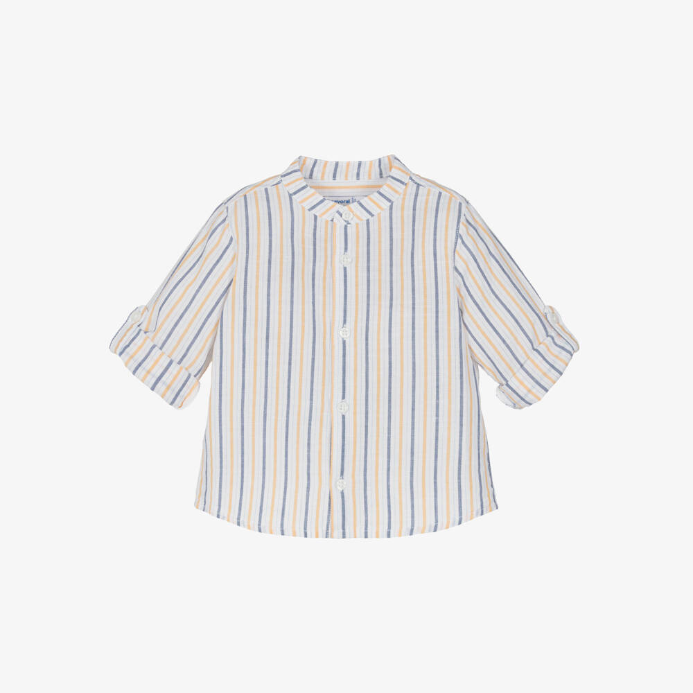 Mayoral-Boys White Striped Collarless Shirt with Roll-Up Sleeves | Childrensalon