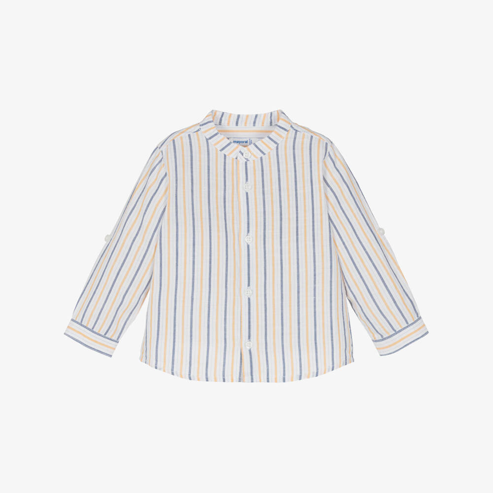 Mayoral-Boys White Striped Collarless Shirt with Roll-Up Sleeves | Childrensalon