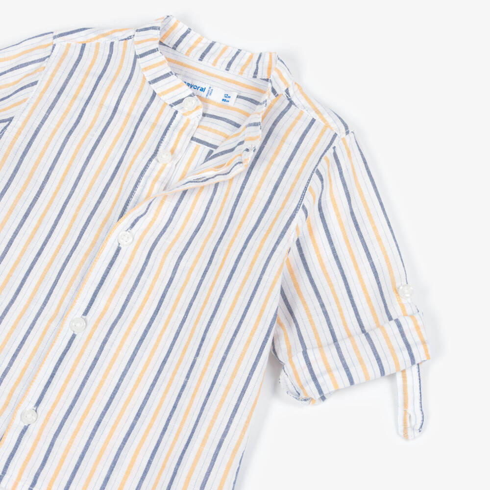 Mayoral-Boys White Striped Collarless Shirt with Roll-Up Sleeves | Childrensalon