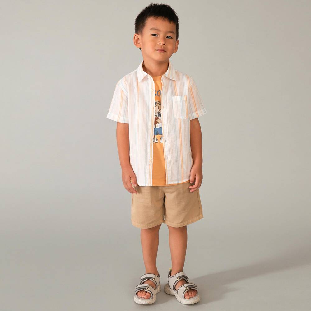 Mayoral-Boys White Striped Cotton Short Sleeve Shirt | Childrensalon