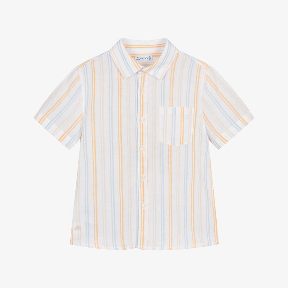 Mayoral-Boys White Striped Cotton Short Sleeve Shirt  | Childrensalon