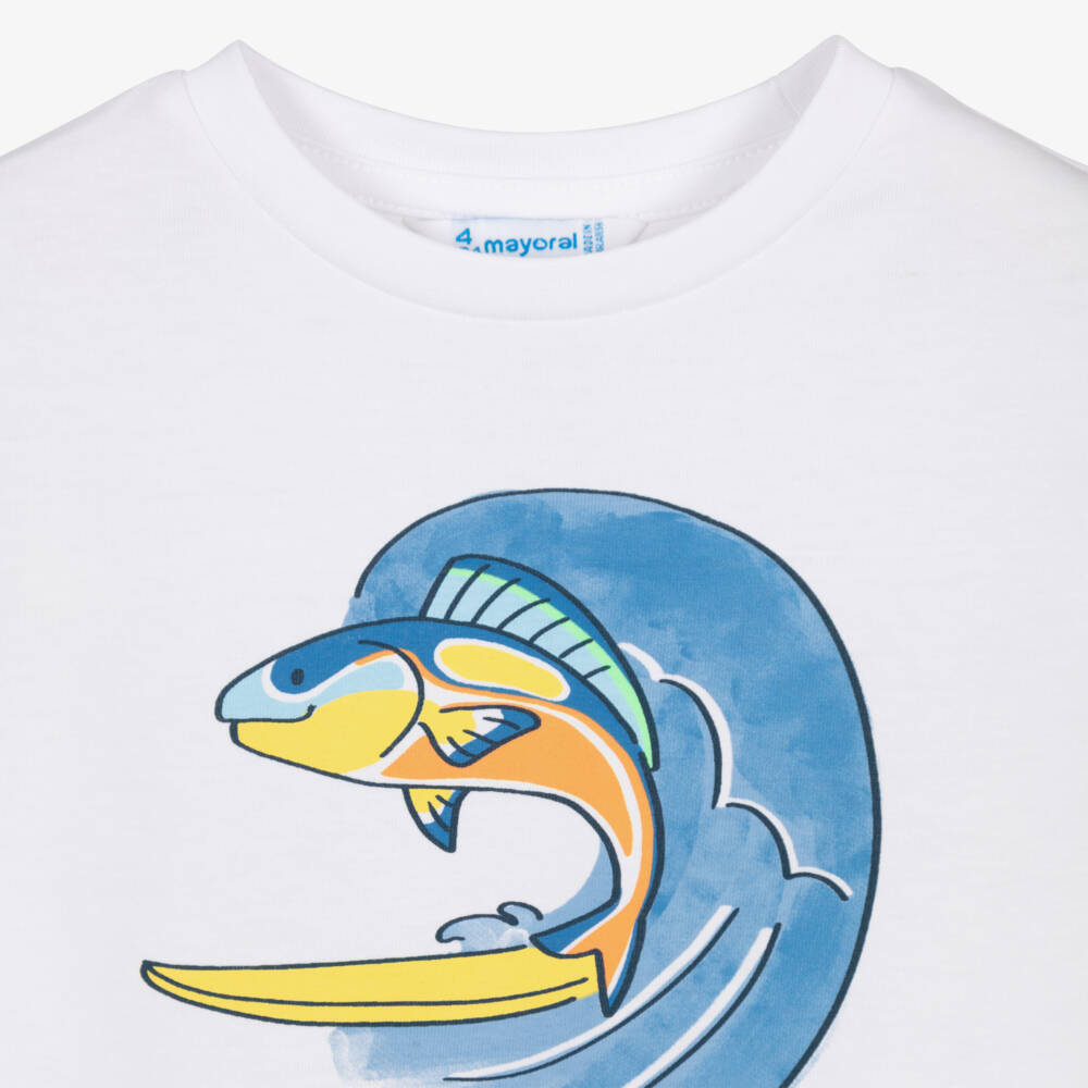 Mayoral-Майка без рукавов белая хлопковая с рыбой-серфером для мальчиков | Childrensalon