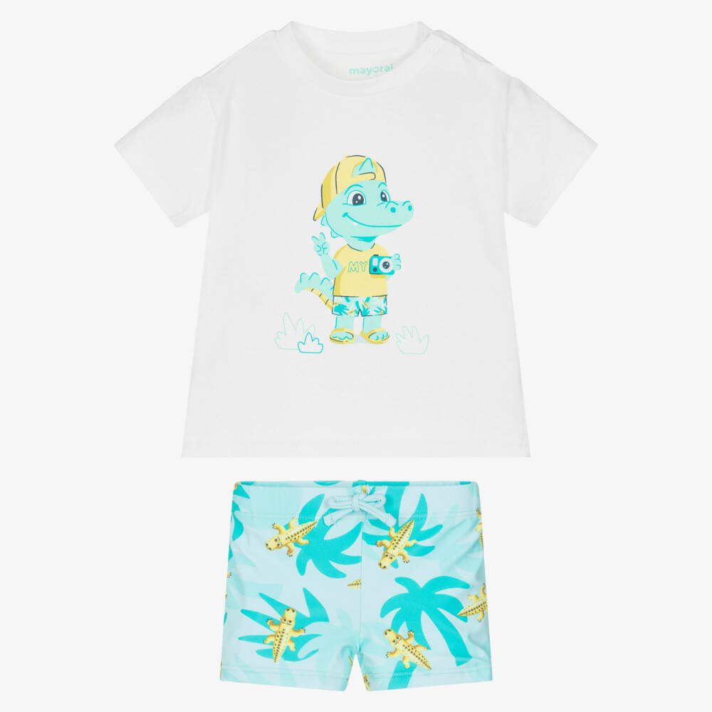 Mayoral-Boys White & Turquoise Crocodile Print Swim Shorts Set | Childrensalon