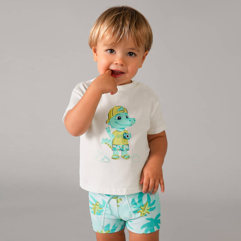 Mayoral-Boys White & Turquoise Crocodile Print Swim Shorts Set | Childrensalon