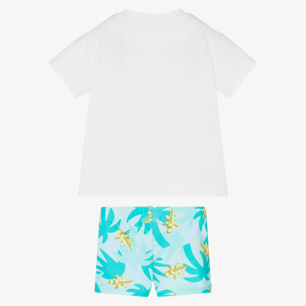 Mayoral-Boys White & Turquoise Crocodile Print Swim Shorts Set | Childrensalon