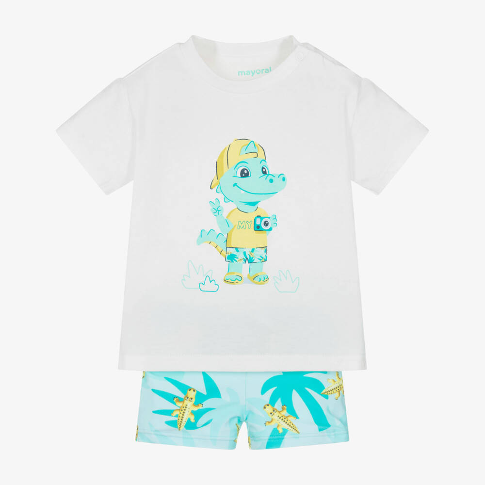 Mayoral-Boys White & Turquoise Crocodile Print Swim Shorts Set | Childrensalon