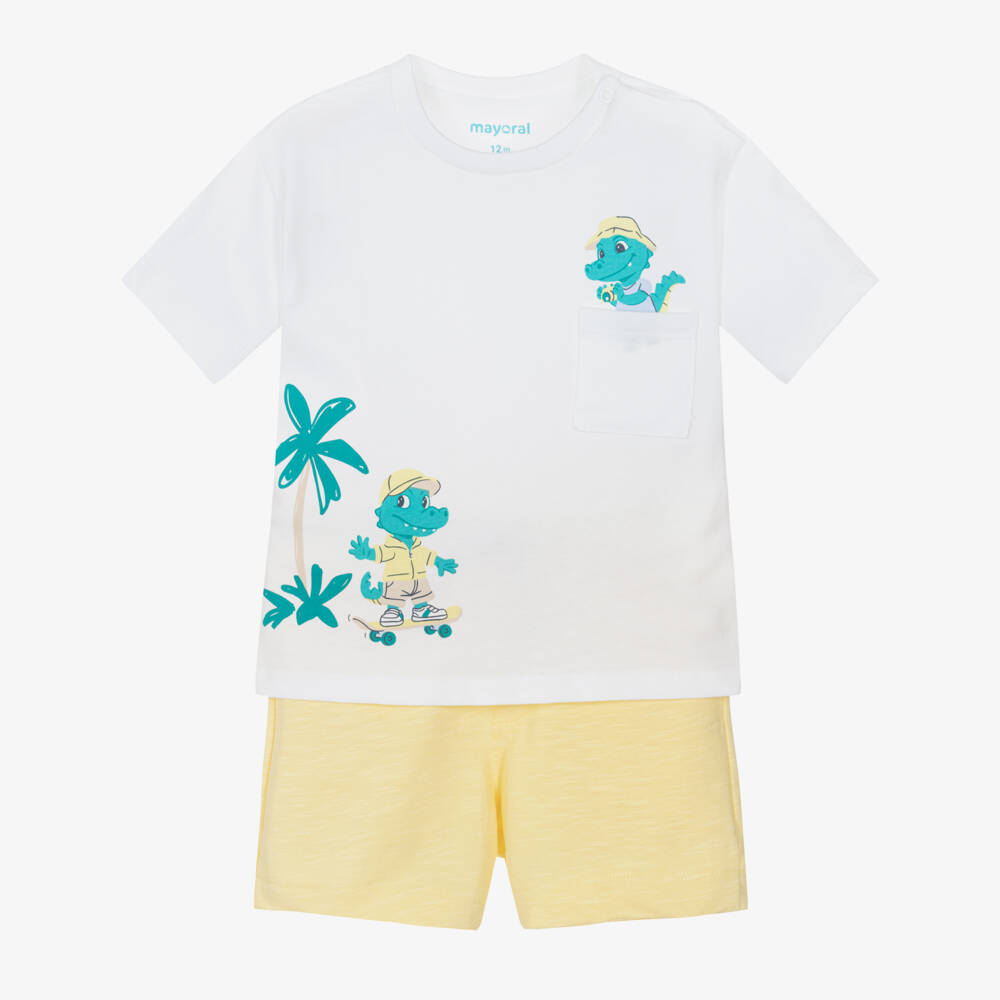 Mayoral-Boys White & Yellow Crocodile Print Shorts Set | Childrensalon