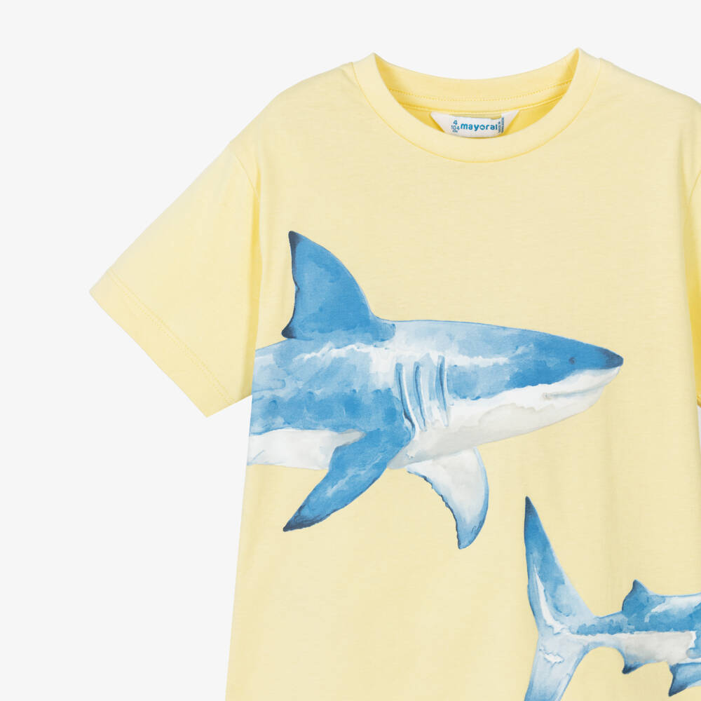 Mayoral-Boys Yellow Cotton T-Shirt with Blue Shark Print | Childrensalon