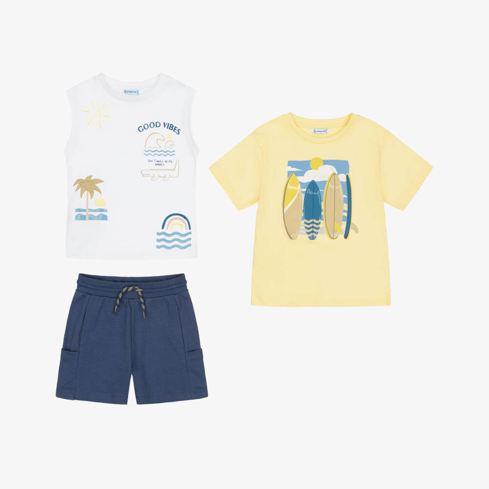 Mayoral-Boys Yellow & Navy Blue Shorts Set with Surf-Themed Prints | Childrensalon