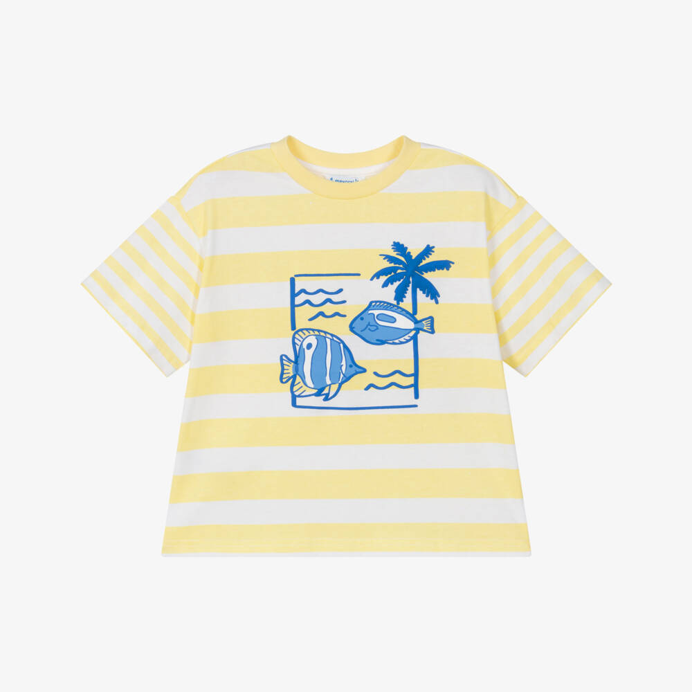 Mayoral-Футболка из хлопка желтая в полоску с рыбками для мальчиков | Childrensalon