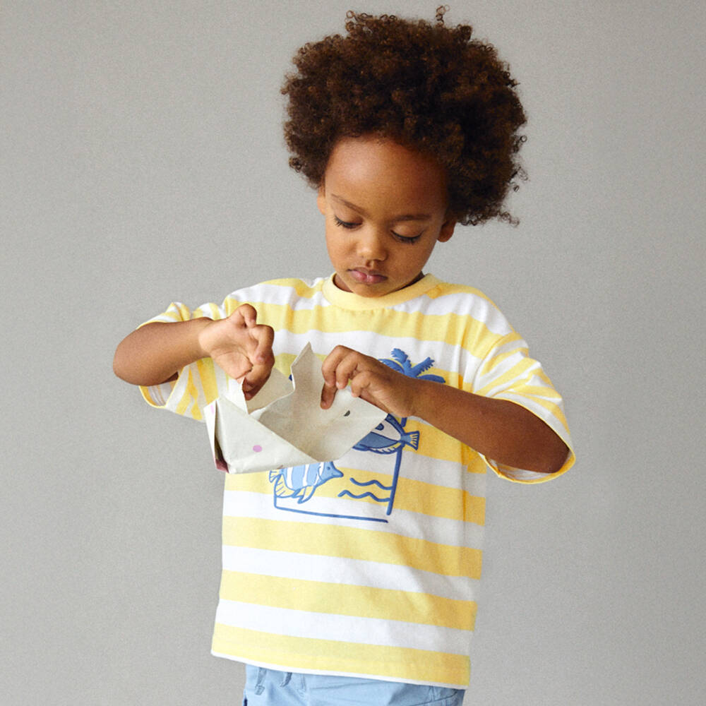 Mayoral-Футболка из хлопка желтая в полоску с рыбками для мальчиков | Childrensalon