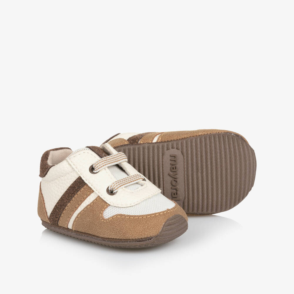 Mayoral Для новорожденных-Brown & Ivory Faux Leather Pre-Walker Trainers | Childrensalon