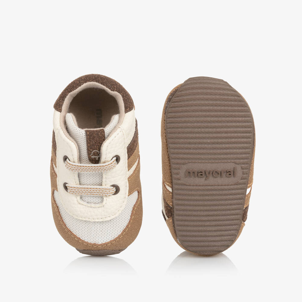 Mayoral Для новорожденных-Brown & Ivory Faux Leather Pre-Walker Trainers | Childrensalon