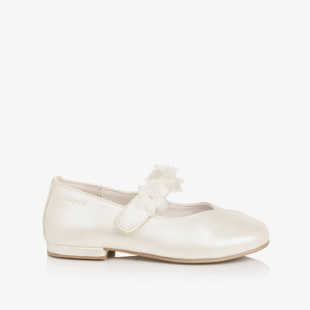 Mayoral-GirIs Ivory Faux Leather Pumps with Floral Velcro Strap | Childrensalon