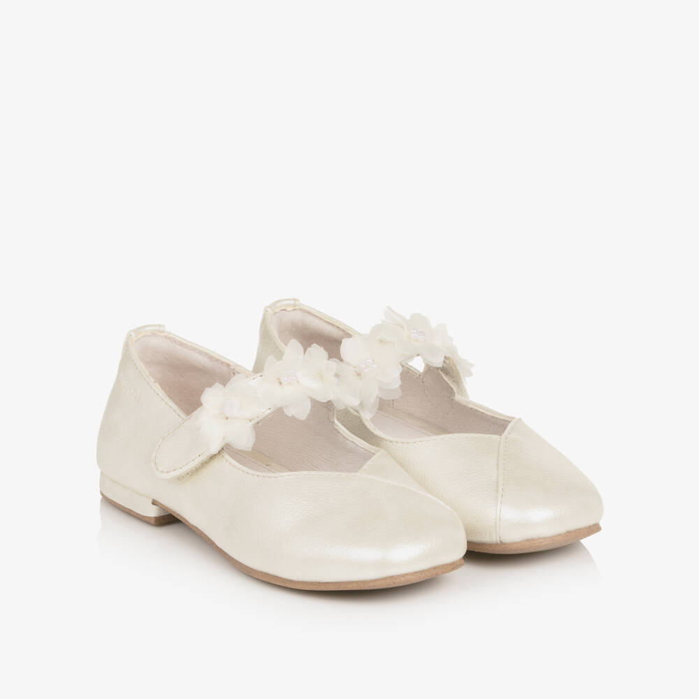 Mayoral-GirIs Ivory Faux Leather Pumps with Floral Velcro Strap | Childrensalon