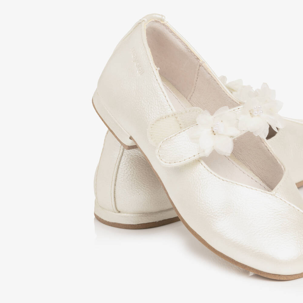 Mayoral-GirIs Ivory Faux Leather Pumps with Floral Velcro Strap | Childrensalon