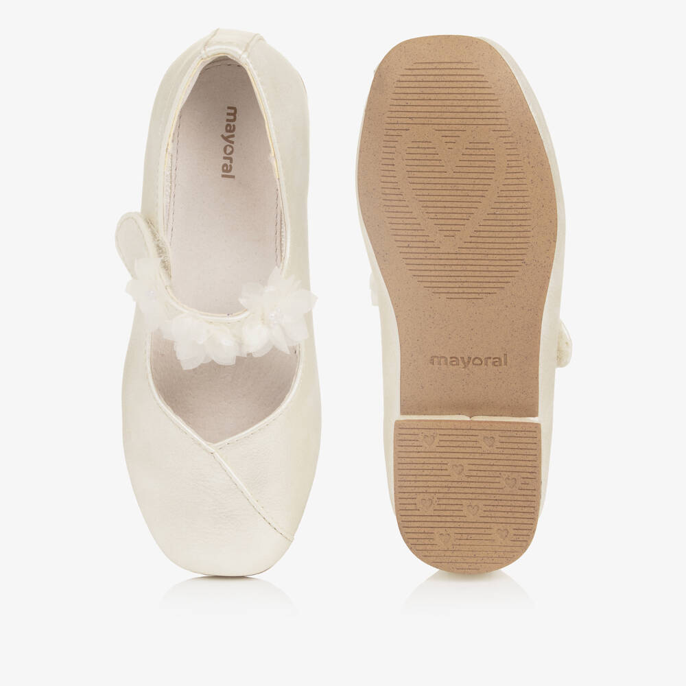 Mayoral-GirIs Ivory Faux Leather Pumps with Floral Velcro Strap | Childrensalon