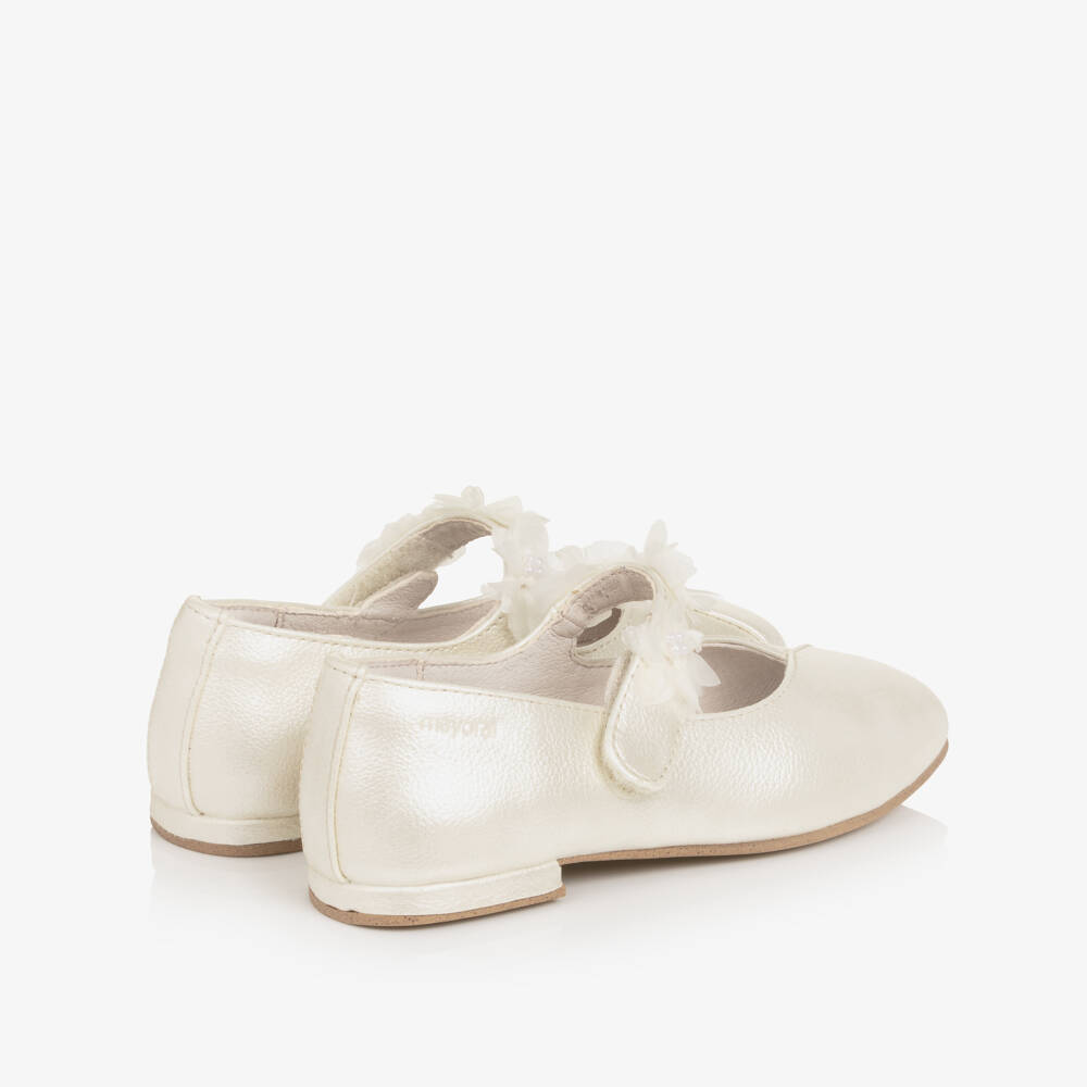 Mayoral-GirIs Ivory Faux Leather Pumps with Floral Velcro Strap | Childrensalon