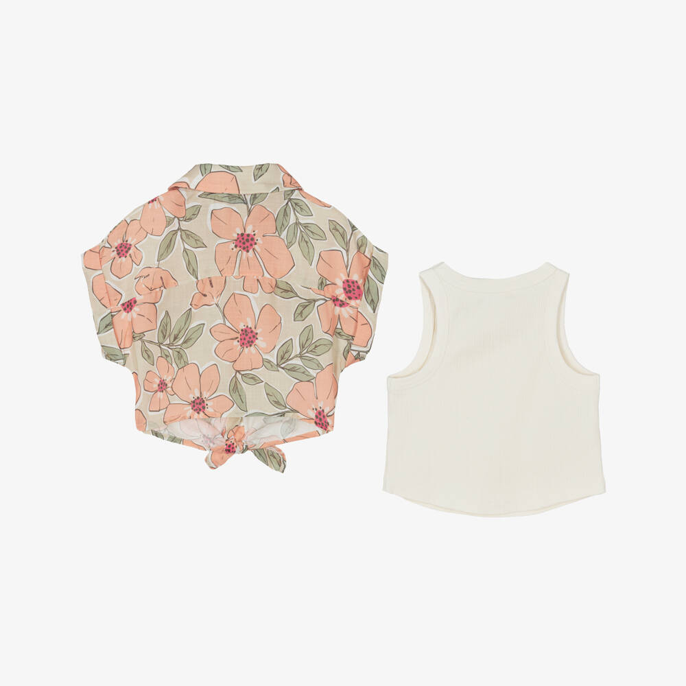 Mayoral-Girl Beige & Pink Floral Blouse Set | Childrensalon