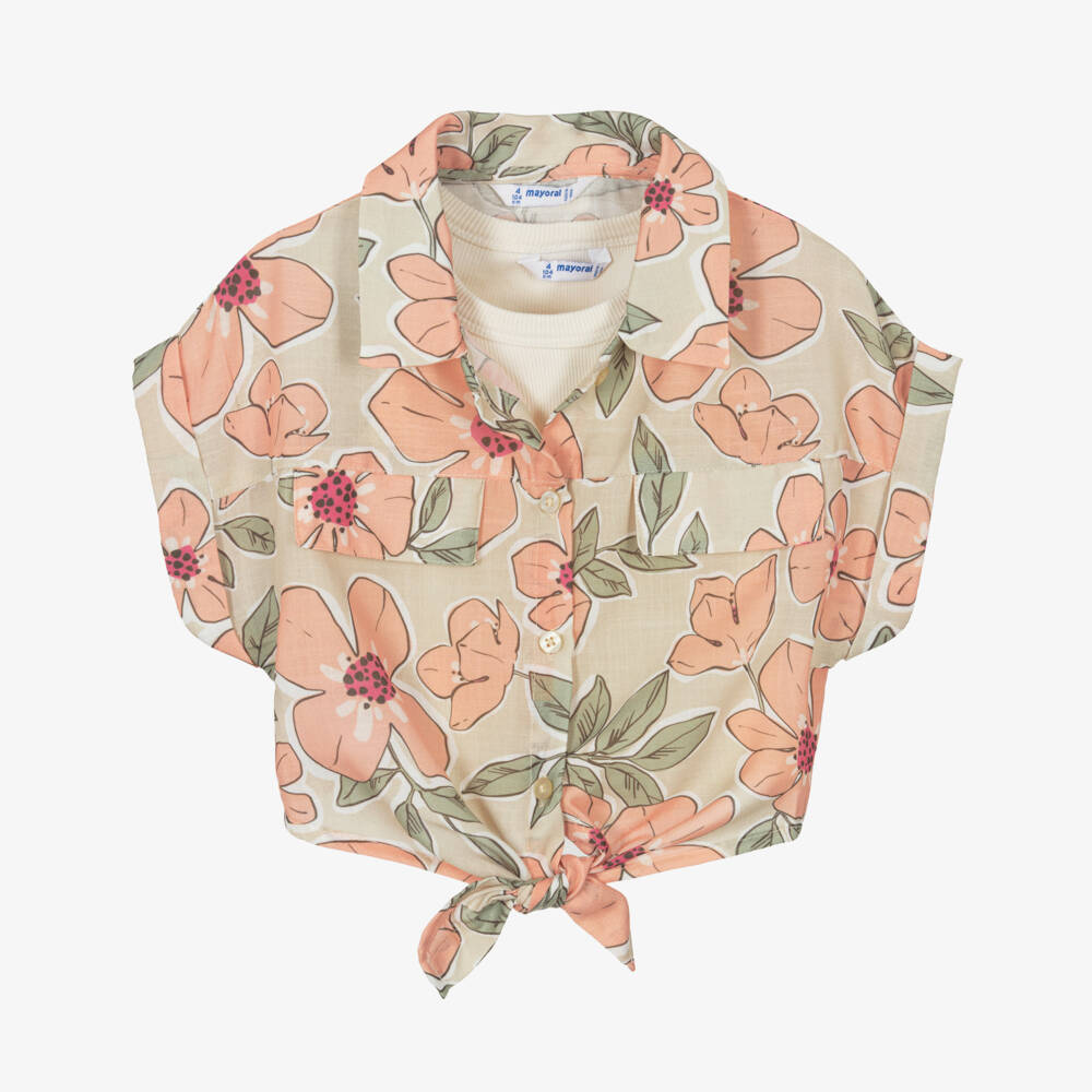 Mayoral-Girl Beige & Pink Floral Blouse Set | Childrensalon