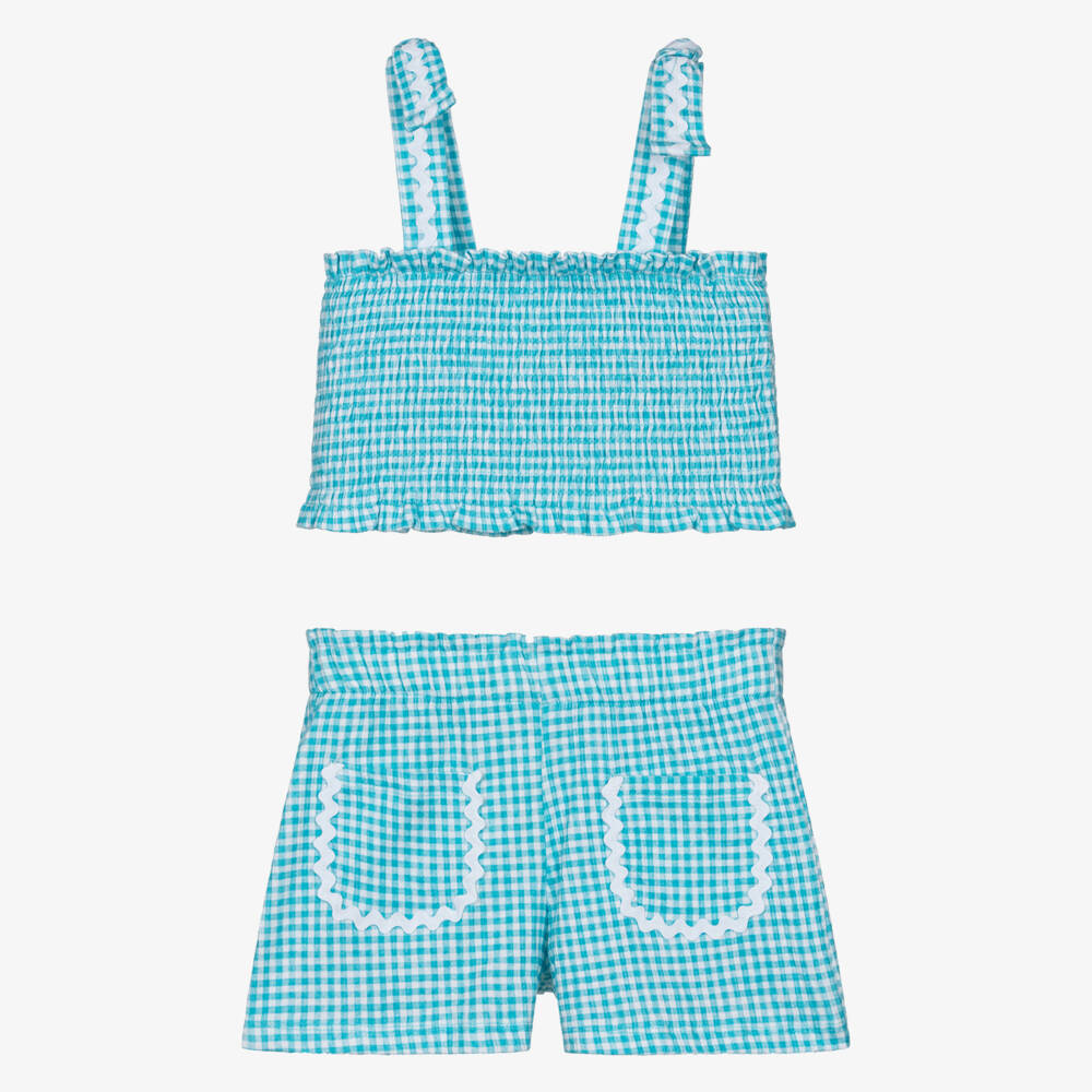 Mayoral-Girls Aqua Blue Cotton Gingham Shorts Set with Ric Rac Trims | Childrensalon