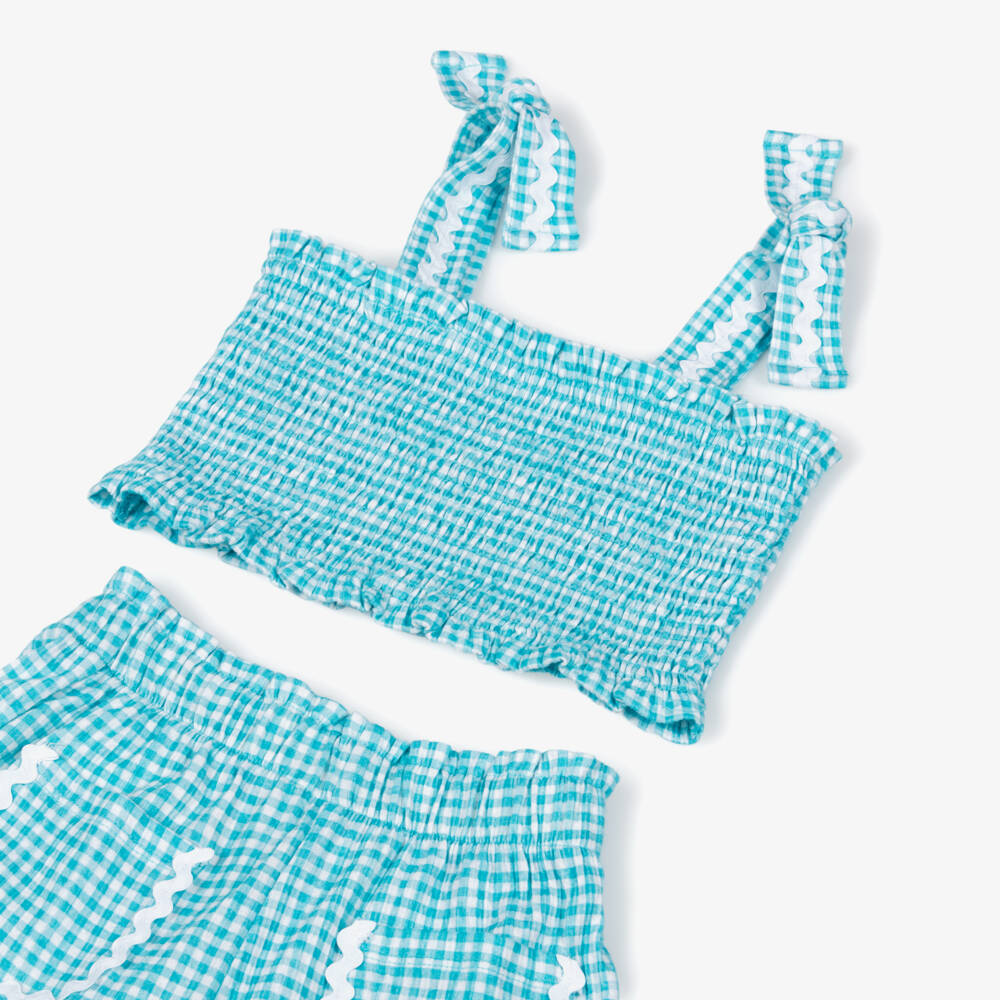 Mayoral-Girls Aqua Blue Cotton Gingham Shorts Set with Ric Rac Trims | Childrensalon