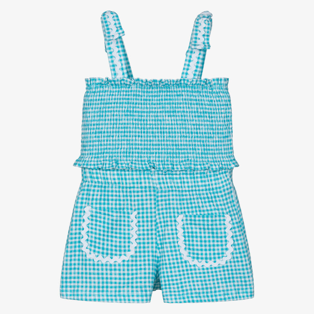 Mayoral-Girls Aqua Blue Cotton Gingham Shorts Set with Ric Rac Trims | Childrensalon