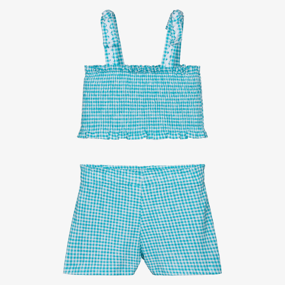 Mayoral-Girls Aqua Blue Cotton Gingham Shorts Set with Ric Rac Trims | Childrensalon